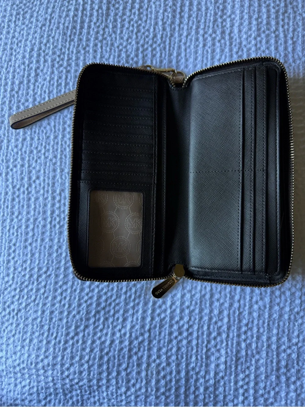 Michael Kors Black Pebble Leather Wristlet with Gold Plate and Taupe Strap